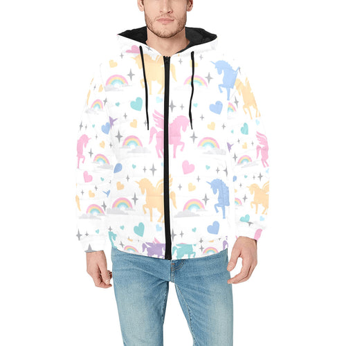 colorful unicorn rainbow heart pattern Men's Padded Hooded Jacket