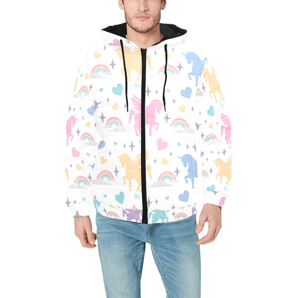 colorful unicorn rainbow heart pattern Men's Padded Hooded Jacket
