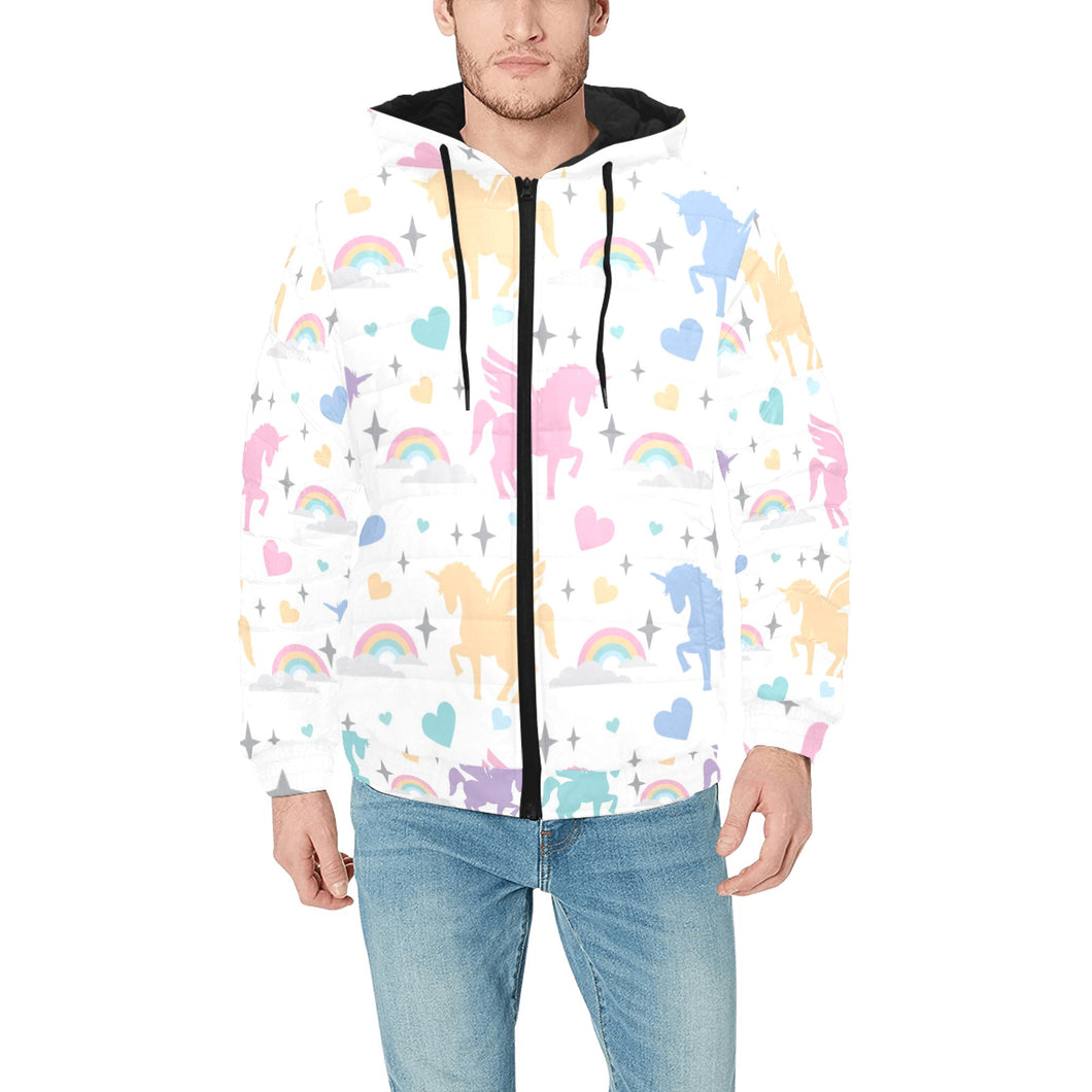 colorful unicorn rainbow heart pattern Men's Padded Hooded Jacket