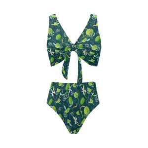 Lime ice flower pattern Chest Bowknot High Waisted Bikini Swimsuit