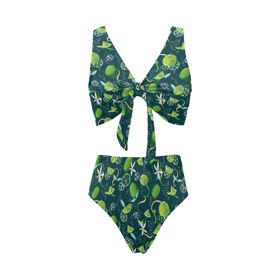 Lime ice flower pattern Chest Bowknot High Waisted Bikini Swimsuit