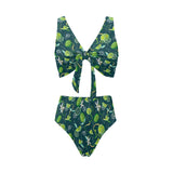 Lime ice flower pattern Chest Bowknot High Waisted Bikini Swimsuit