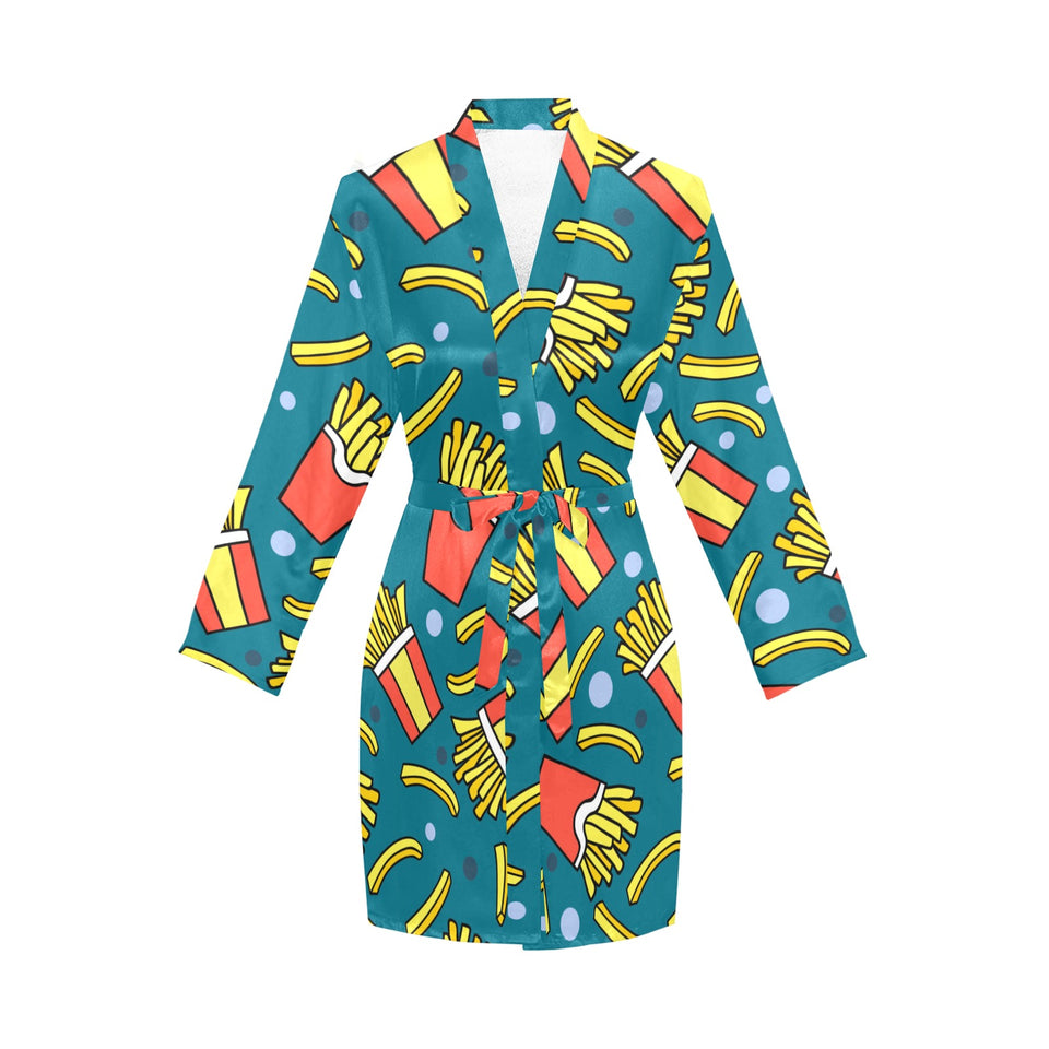 French fries red paper box pattern Women's Long Sleeve Belted Night Robe