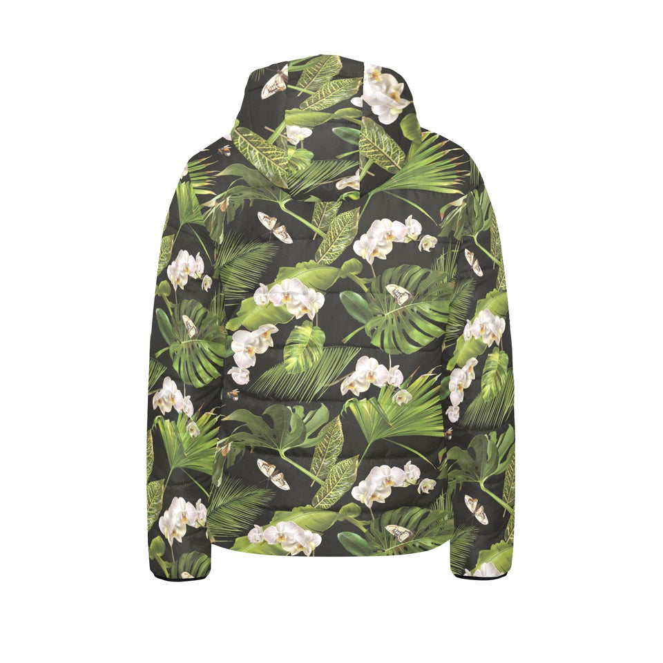 White orchid flower tropical leaves pattern blackg Kids' Boys' Girls' Padded Hooded Jacket