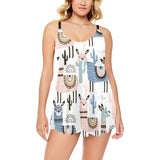 lama Alpaca cactus hand drawn pattern Chest Sexy Pleated Two Piece Swim Dress