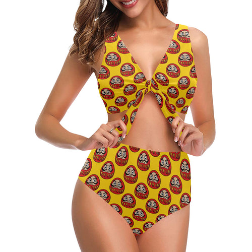 Daruma japanese wooden doll yellow background Chest Bowknot High Waisted Bikini Swimsuit