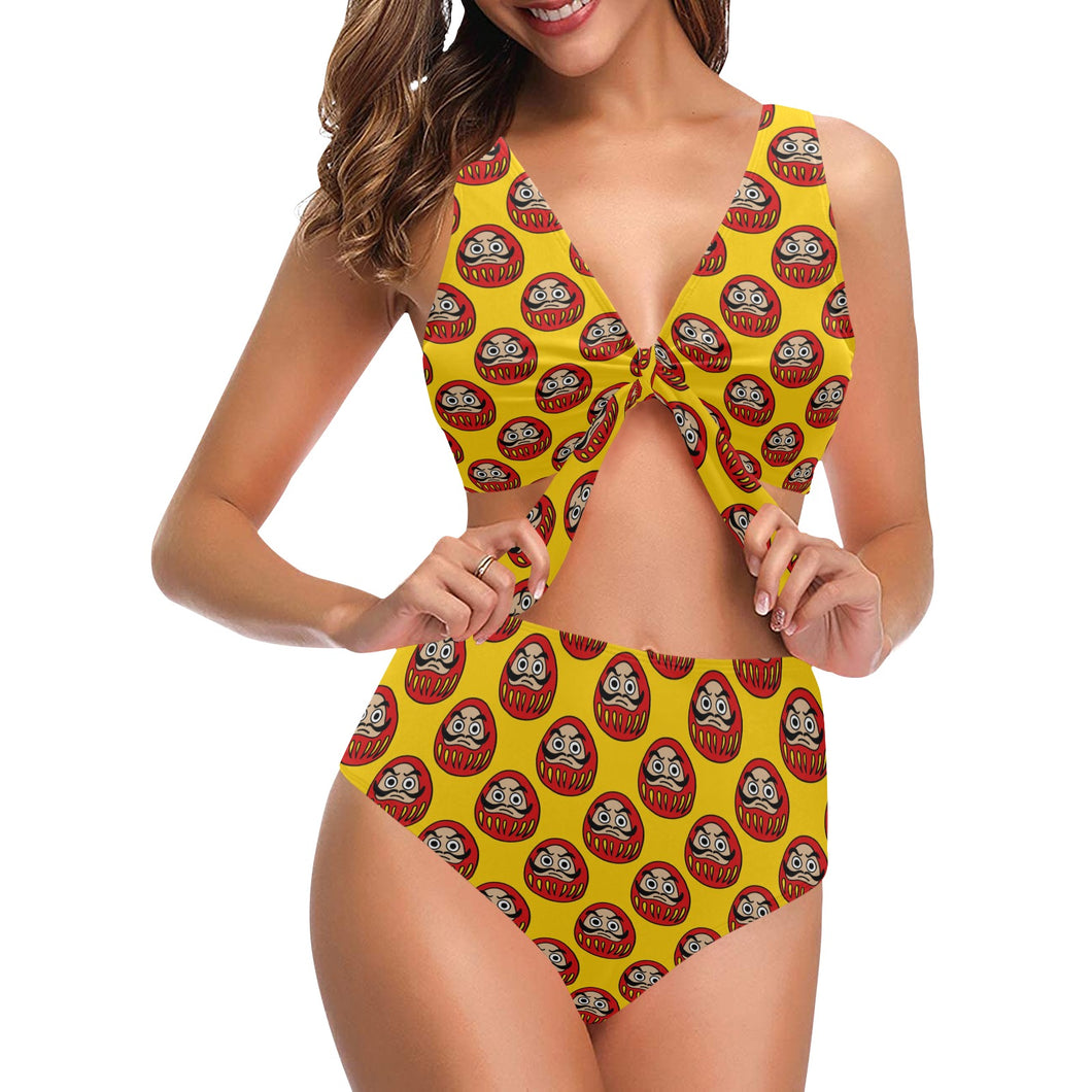 Daruma japanese wooden doll yellow background Chest Bowknot High Waisted Bikini Swimsuit