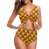 Daruma japanese wooden doll yellow background Chest Bowknot High Waisted Bikini Swimsuit