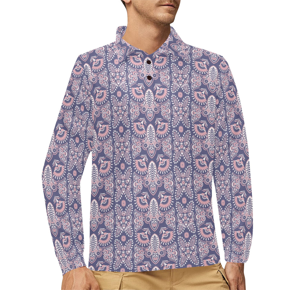 Indian Batik Style pattern Men's Long Sleeve Polo Shirt