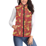 Saxophone cornet pattern red background Women's Padded Vest