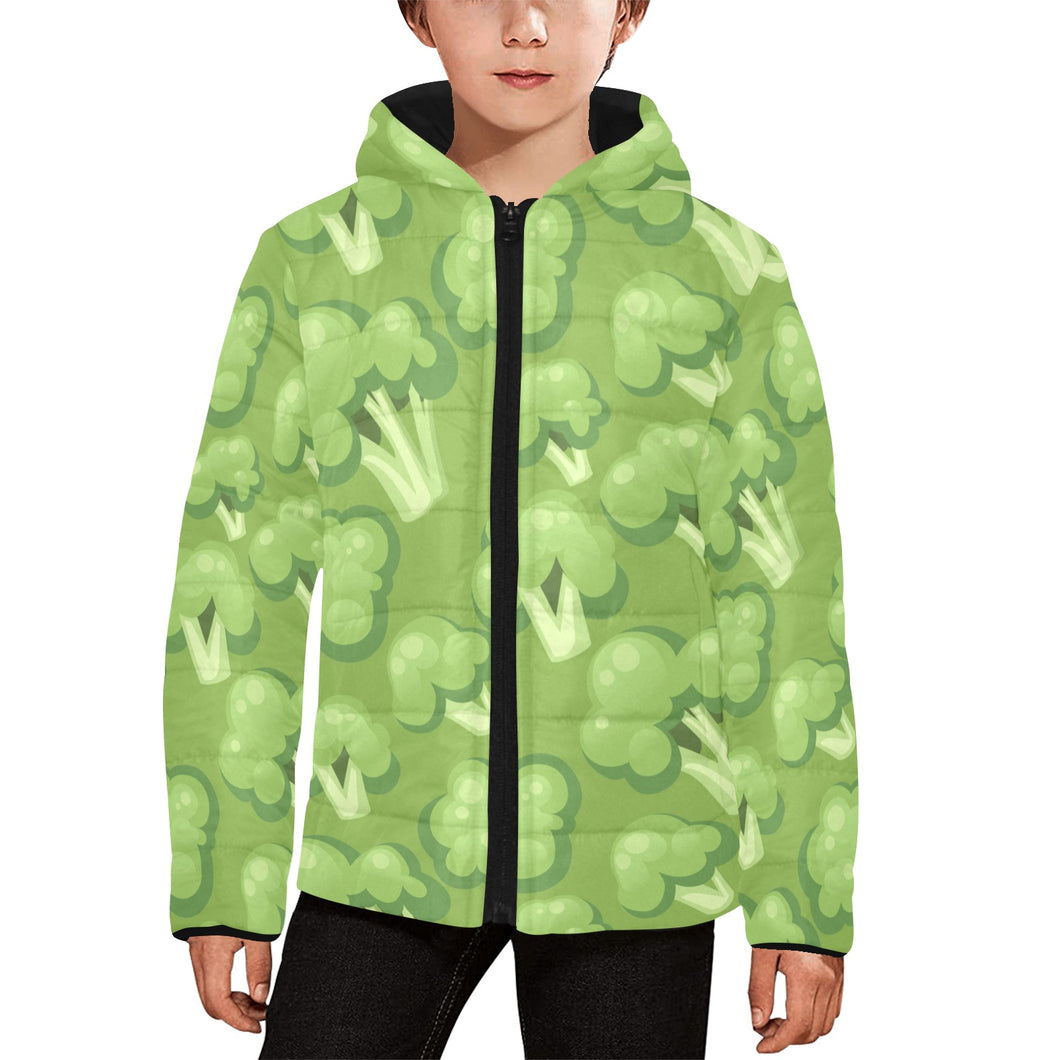 Broccoli pattern green background Kids' Boys' Girls' Padded Hooded Jacket