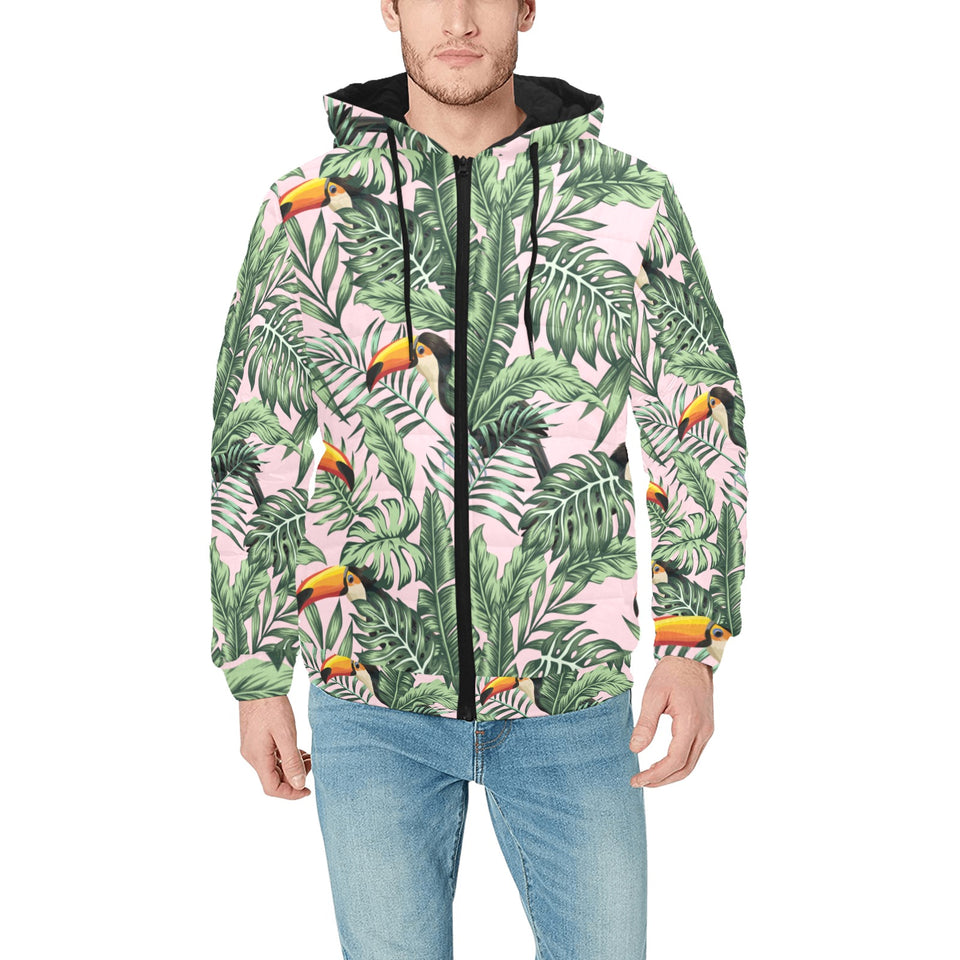 Toucan tropical green jungle palm pattern Men's Padded Hooded Jacket