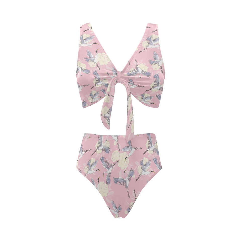 Japanese crane rose pattern Chest Bowknot High Waisted Bikini Swimsuit
