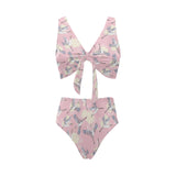 Japanese crane rose pattern Chest Bowknot High Waisted Bikini Swimsuit