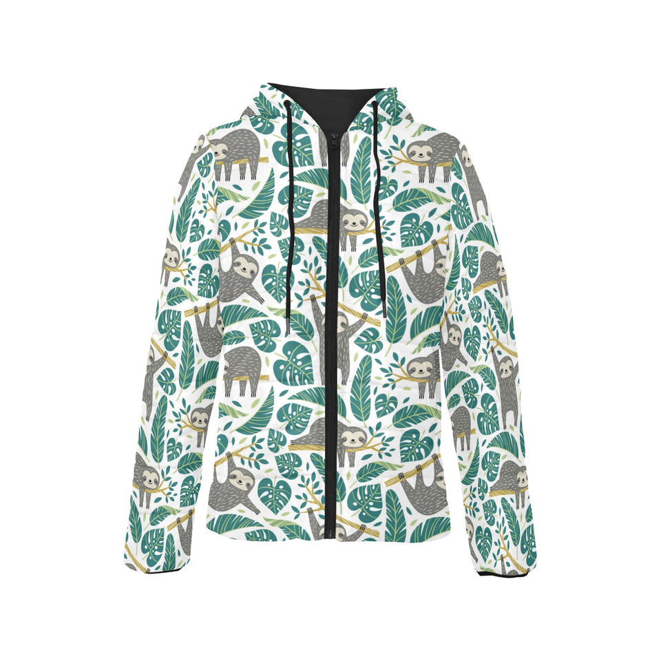 Cute sloths tropical palm leaves white background Women's Padded Hooded Jacket