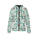 Cute sloths tropical palm leaves white background Women's Padded Hooded Jacket