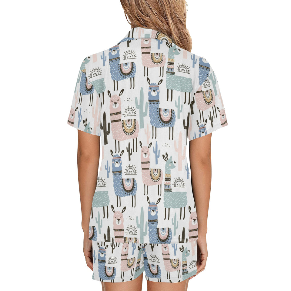 lama Alpaca cactus hand drawn pattern Women's V-Neck Short Pajama Set