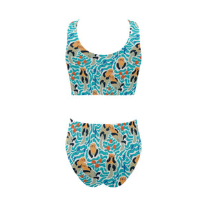 Cute sea otters fishe sea urchin pattern Chest Bowknot High Waisted Bikini Swimsuit