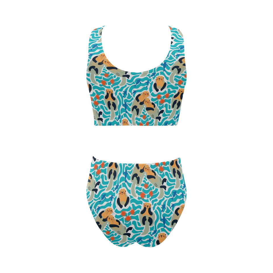 Cute sea otters fishe sea urchin pattern Chest Bowknot High Waisted Bikini Swimsuit