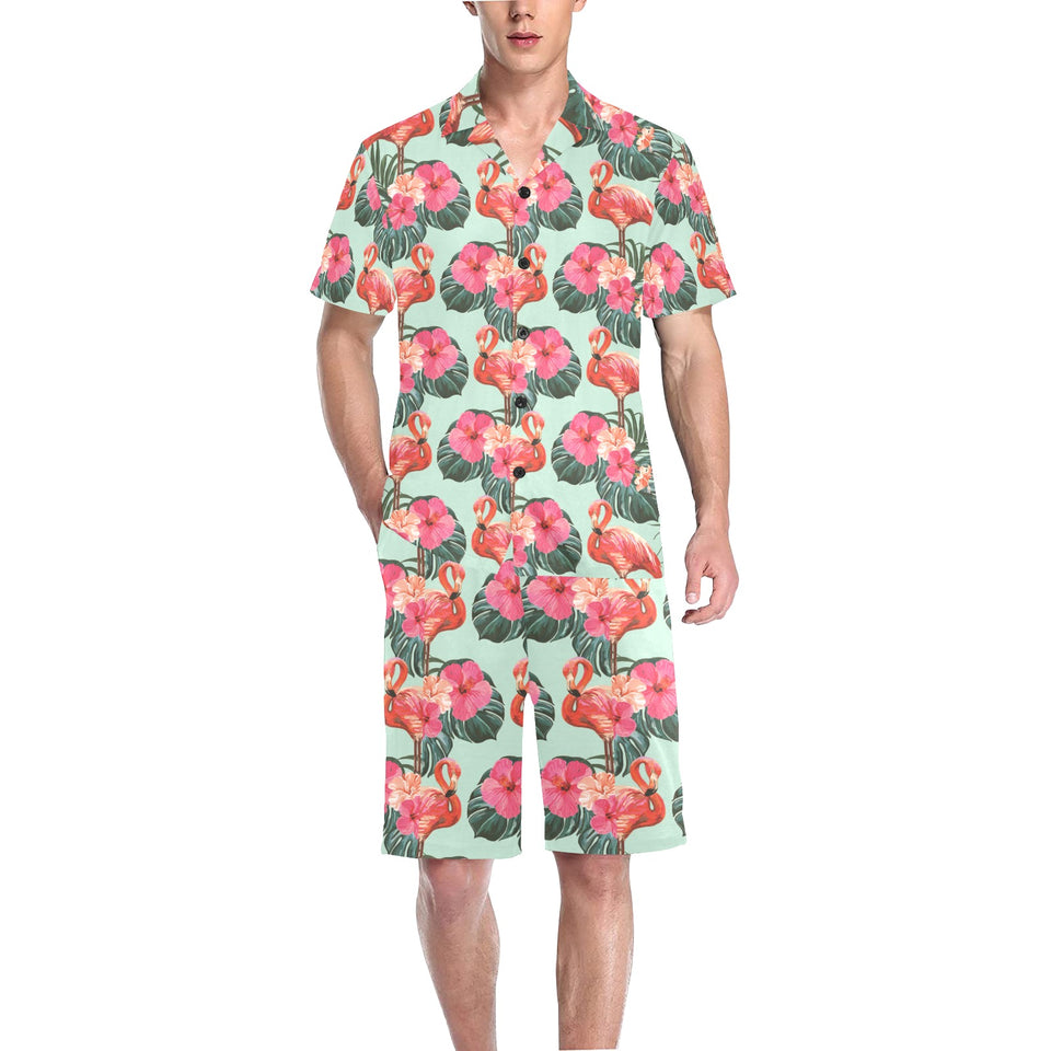 Beautiful flamingo tropical palm leaves hibiscus p Men's V-Neck Short Pajama Set