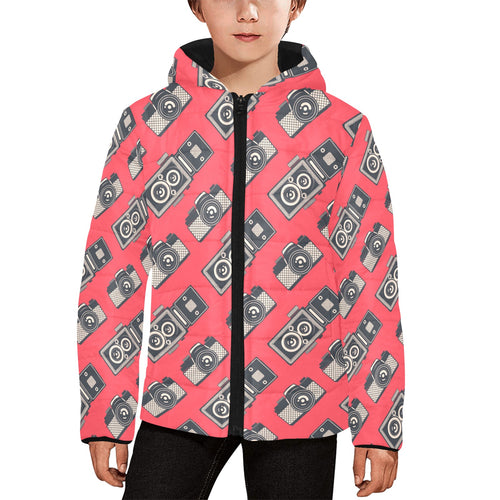 Camera Pattern Print Design 05 Kids' Boys' Girls' Padded Hooded Jacket