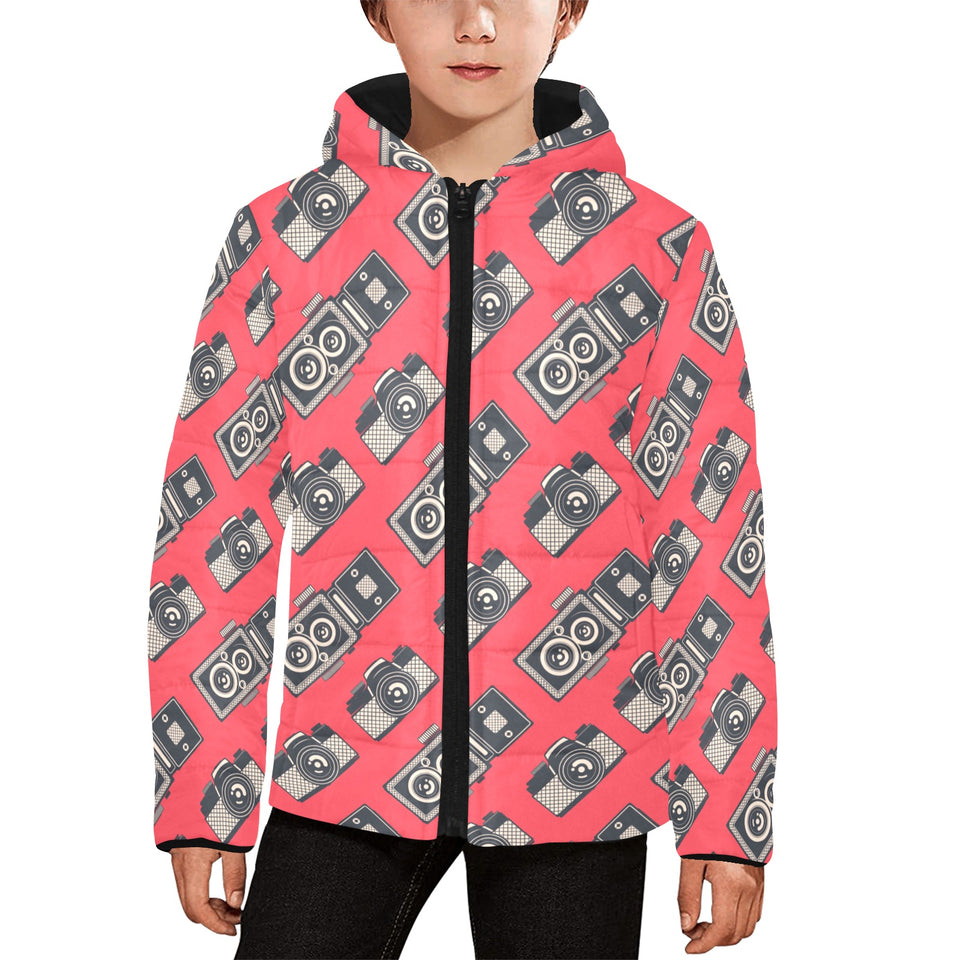 Camera Pattern Print Design 05 Kids' Boys' Girls' Padded Hooded Jacket