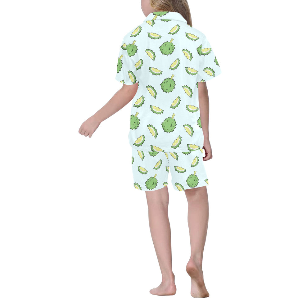 Durian pattern blue background Kids' Boys' Girls' V-Neck Short Pajama Set