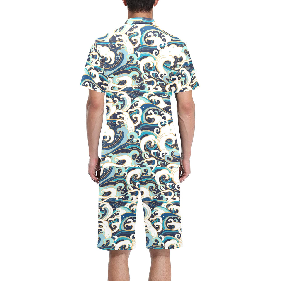 Japanese wave pattern Men's V-Neck Short Pajama Set
