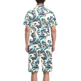 Japanese wave pattern Men's V-Neck Short Pajama Set