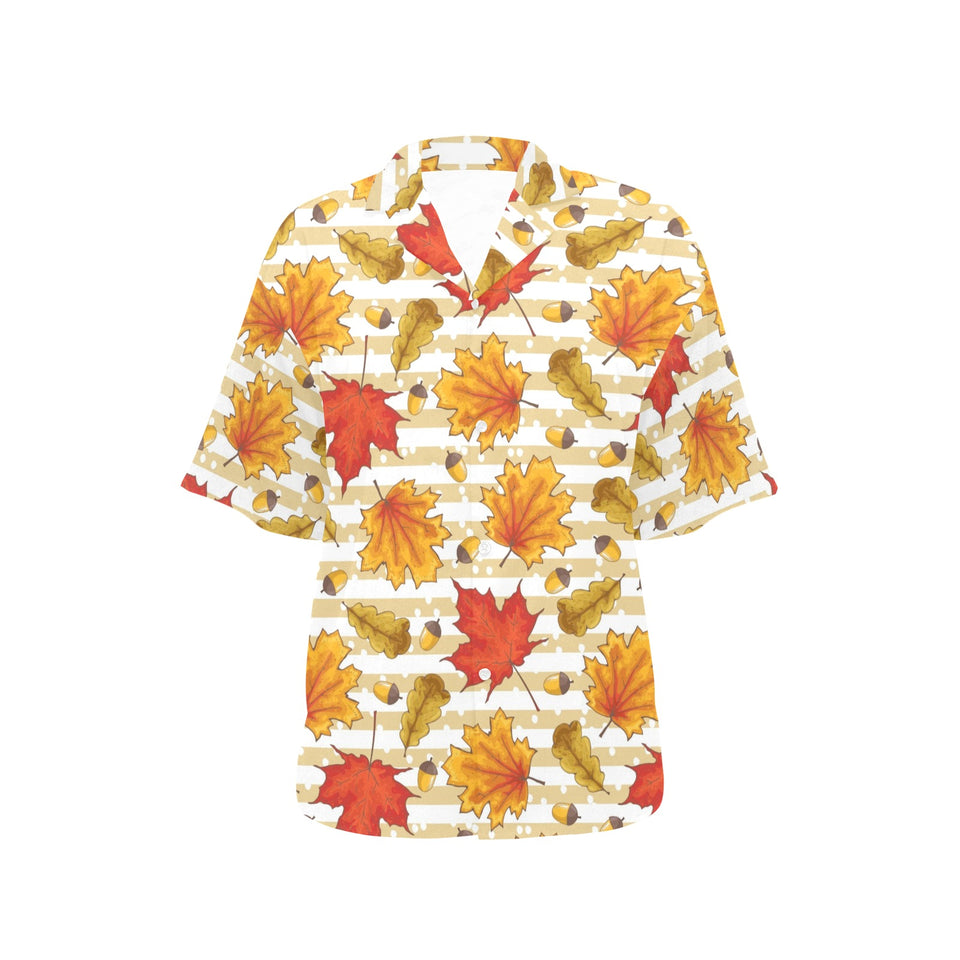 Maple leaf oak leaf acorns beige striped backgroun Women's All Over Print Hawaiian Shirt