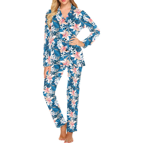 Hibiscus Pattern Print Design 02 Women's Long Pajama Set