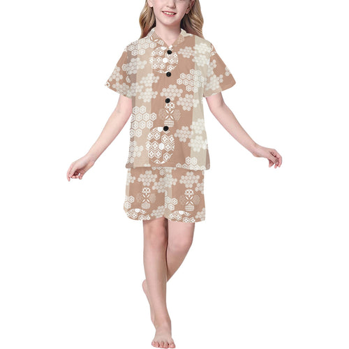 Beautiful hexagon japanese  pattern Kids' Boys' Girls' V-Neck Short Pajama Set