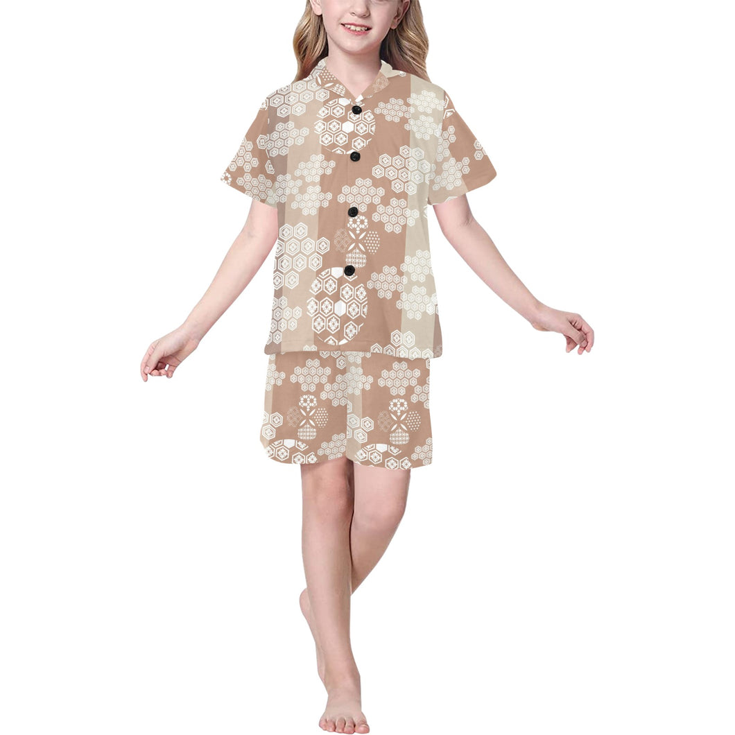 Beautiful hexagon japanese  pattern Kids' Boys' Girls' V-Neck Short Pajama Set
