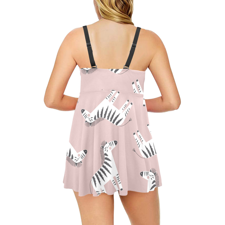 Cute zebra pattern Chest Sexy Pleated Two Piece Swim Dress