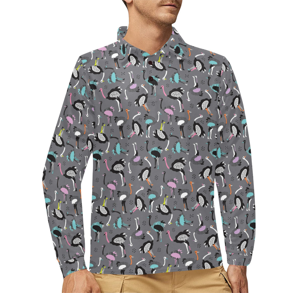 Ostrich Pattern Print Design 01 Men's Long Sleeve Polo Shirt
