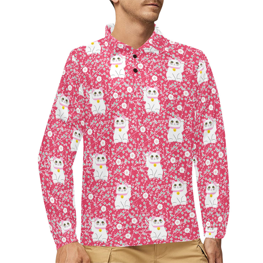 Maneki neko cat sakura pink background Men's Long Sleeve Polo Shirt