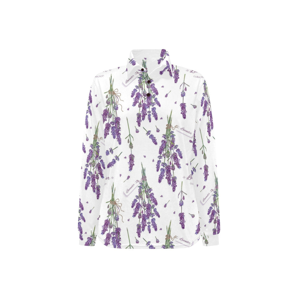 lavender flower design pattern Women's Long Sleeve Polo Shirt