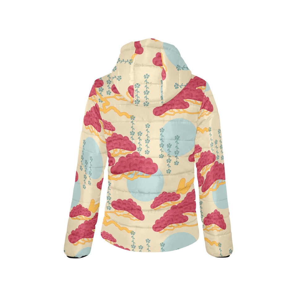 Red Bonsai gray sun japanese pattern Women's Padded Hooded Jacket