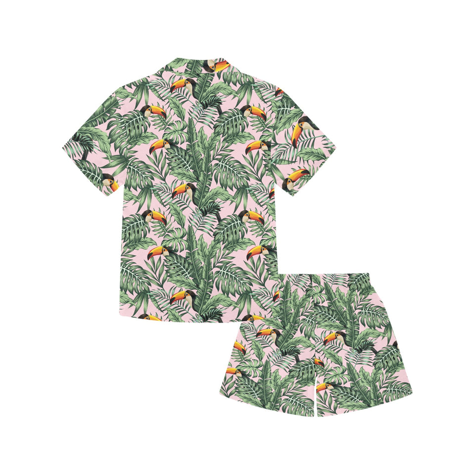 Toucan tropical green jungle palm pattern Kids' Boys' Girls' V-Neck Short Pajama Set