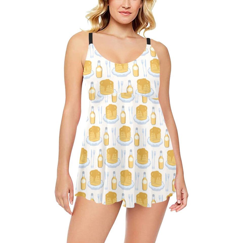 Pancake Pattern Print Design 05 Chest Sexy Pleated Two Piece Swim Dress