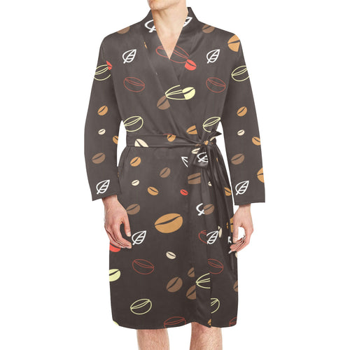Coffee bean leave pattern Men's Long Sleeve Belted Night Robe