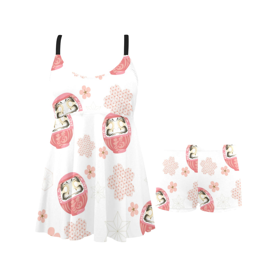 Daruma japanese wooden doll cherry blossom flower Chest Sexy Pleated Two Piece Swim Dress