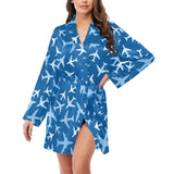 Airplane pattern in the sky Women's Long Sleeve Belted Night Robe