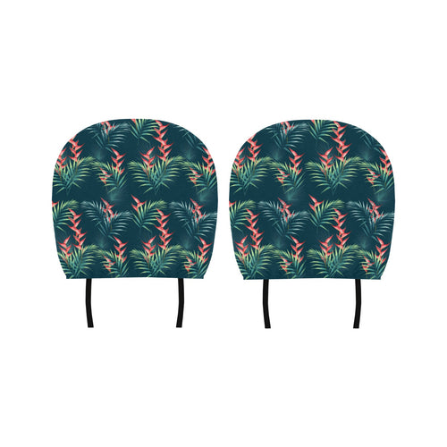 heliconia flowers, palm and monstera leaves on bla Car Headrest Cover