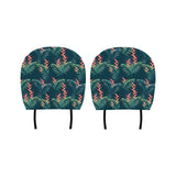 heliconia flowers, palm and monstera leaves on bla Car Headrest Cover