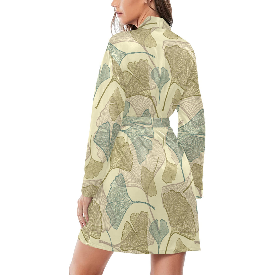 Ginkgo leaves design pattern Women's Long Sleeve Belted Night Robe