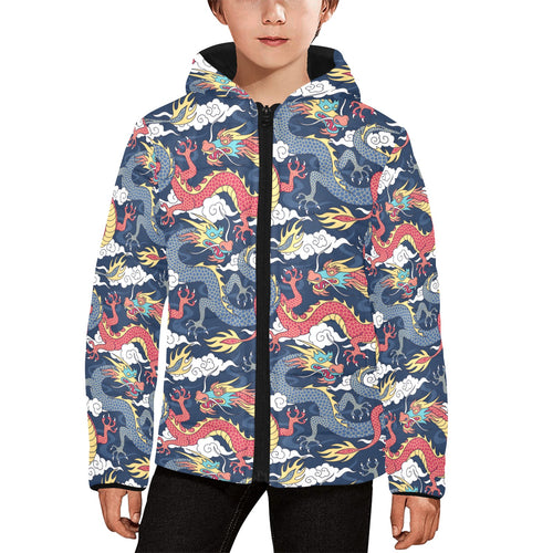Blue red dragon cloud pattern Kids' Boys' Girls' Padded Hooded Jacket