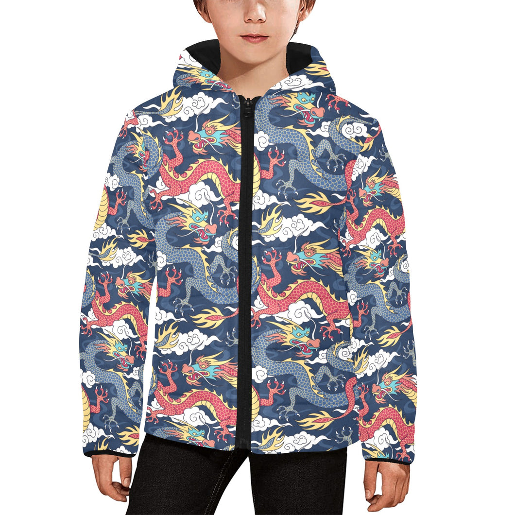 Blue red dragon cloud pattern Kids' Boys' Girls' Padded Hooded Jacket