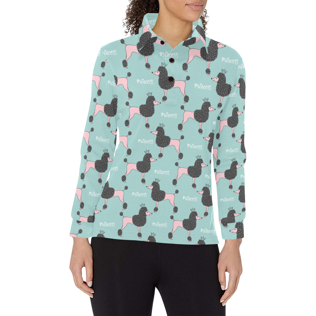 poodle dog green background Women's Long Sleeve Polo Shirt