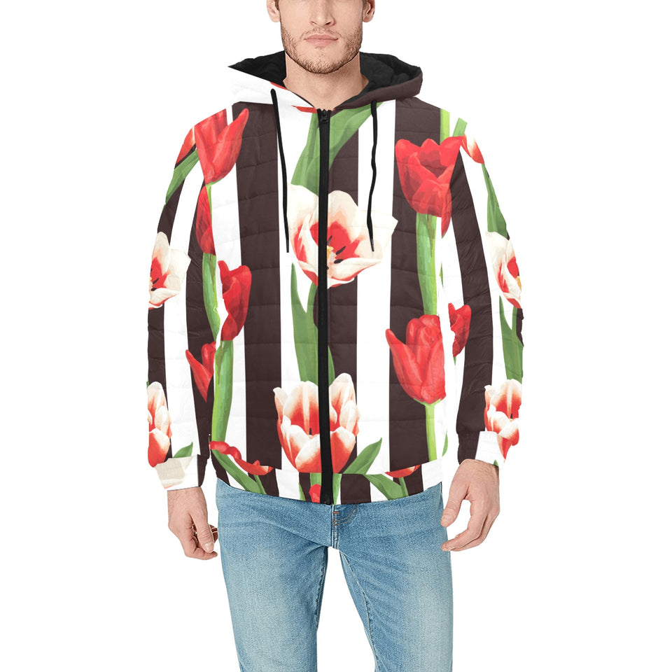 red and white tulips pattern Men's Padded Hooded Jacket